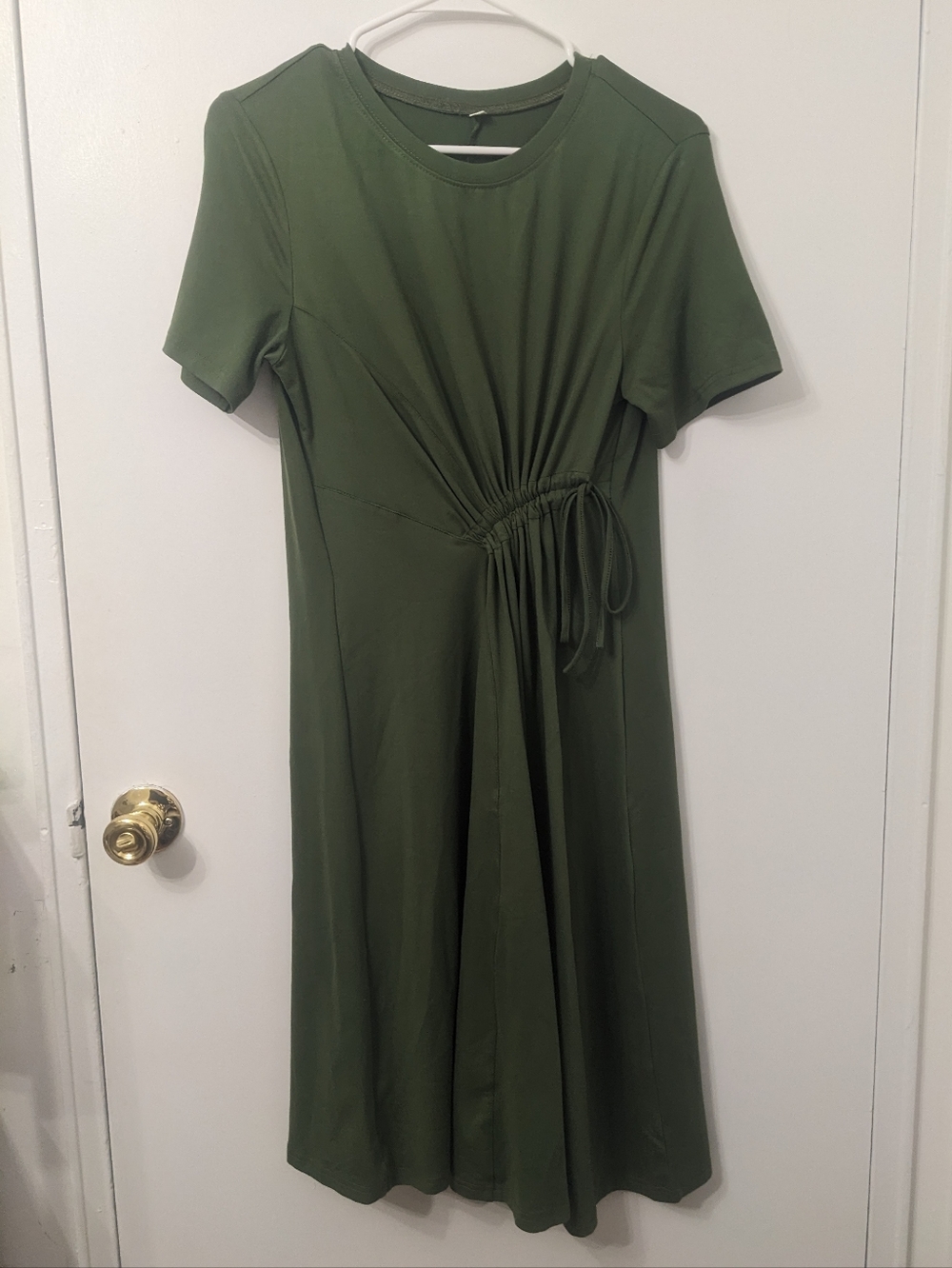 Olive Green Short-Sleeve Gathered Waist Dress with Asymmetrical Tie Detail